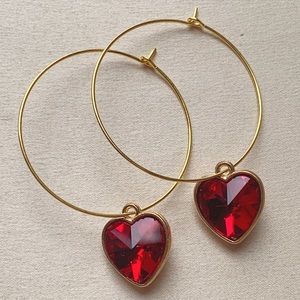 Ruby Red Rhinestone Heart Charms Hoops